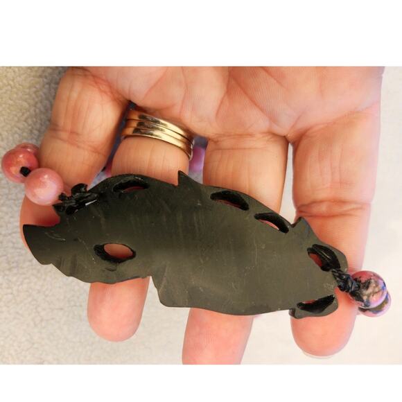 Vintage Stone Fish and Pink Stone Bead Necklace Black Onyx Chinese - Picture 5 of 7